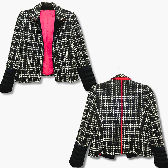 Algo Switzerland Wool Blazer in Black and White Red Accents Velvet Trim  XS - Picture 1 of 15